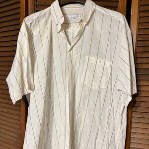 SAHARA CLUB Button Down Shirt Mens Large Cream Stripe 100% Cotton Short Sleeve